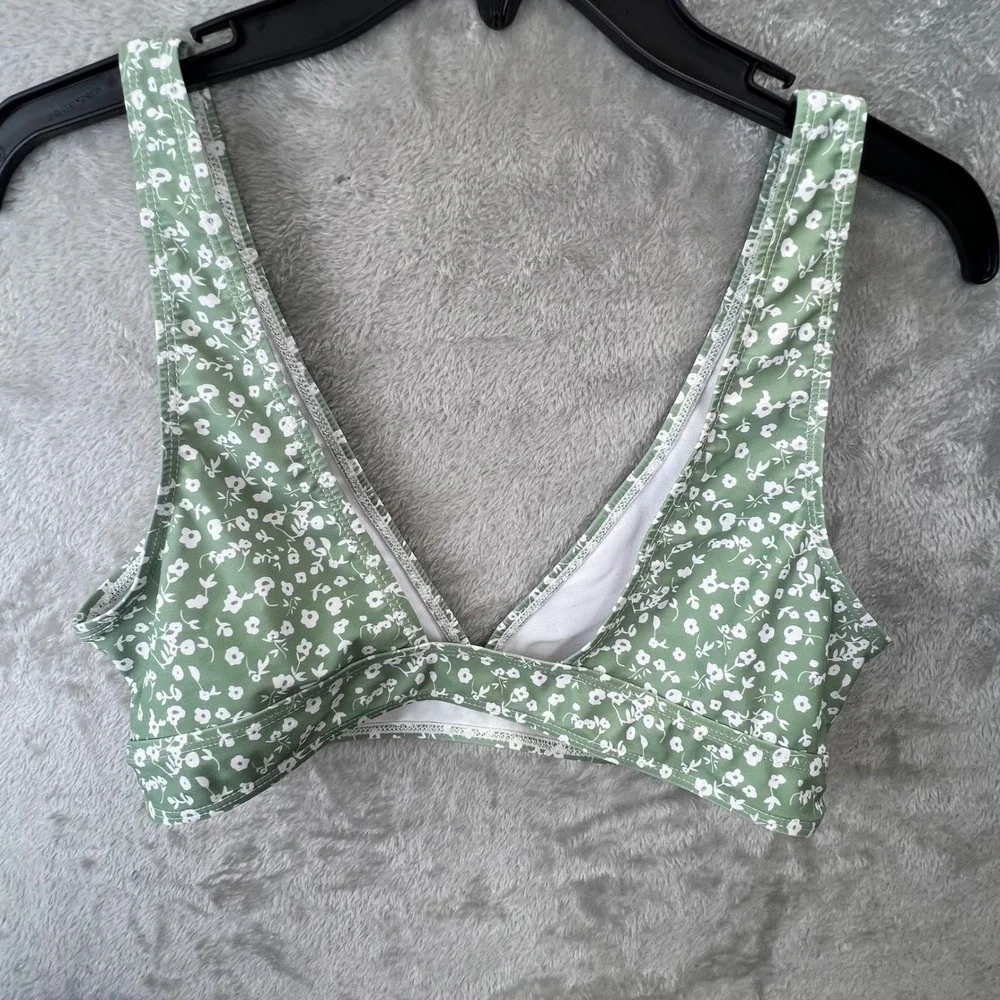 Sage Green Floral Ditsy High‎ Waisted Bikini Set V-Neck Twist Front Two-Piece